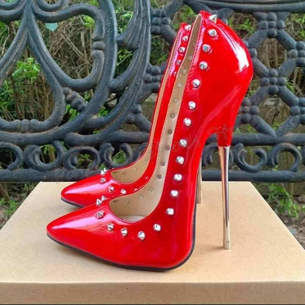 Red Rivet Decor Pointed Leather High Heel Shoes - Image 2