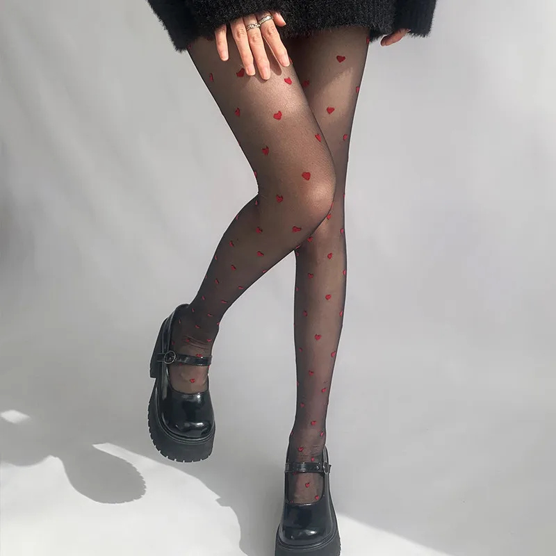 Lovely Exquisite Red Heart Print Silk Nylon Hosiery Stockings - Image 14