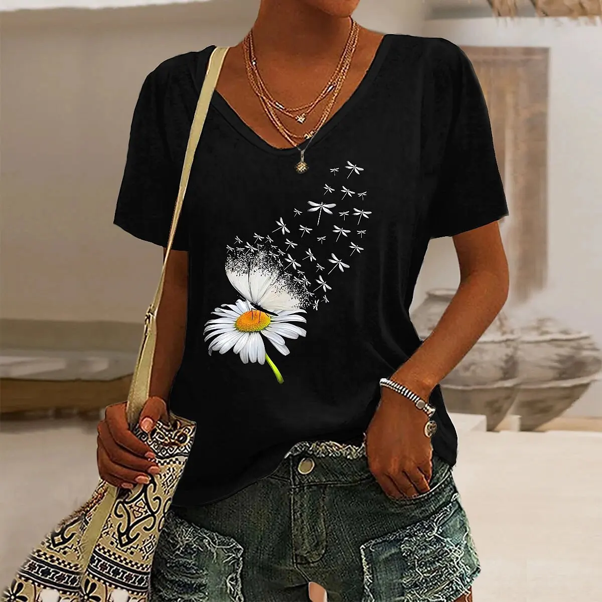 Fashion Casual Street Short-Sleeved V-Neck Oversized Dandelion Graphic Printing T-Shirt