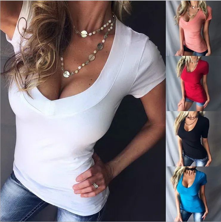 Slim Sexy Solid One Colour Deep V Neck Sexy Short Sleeve Simple T-shirt