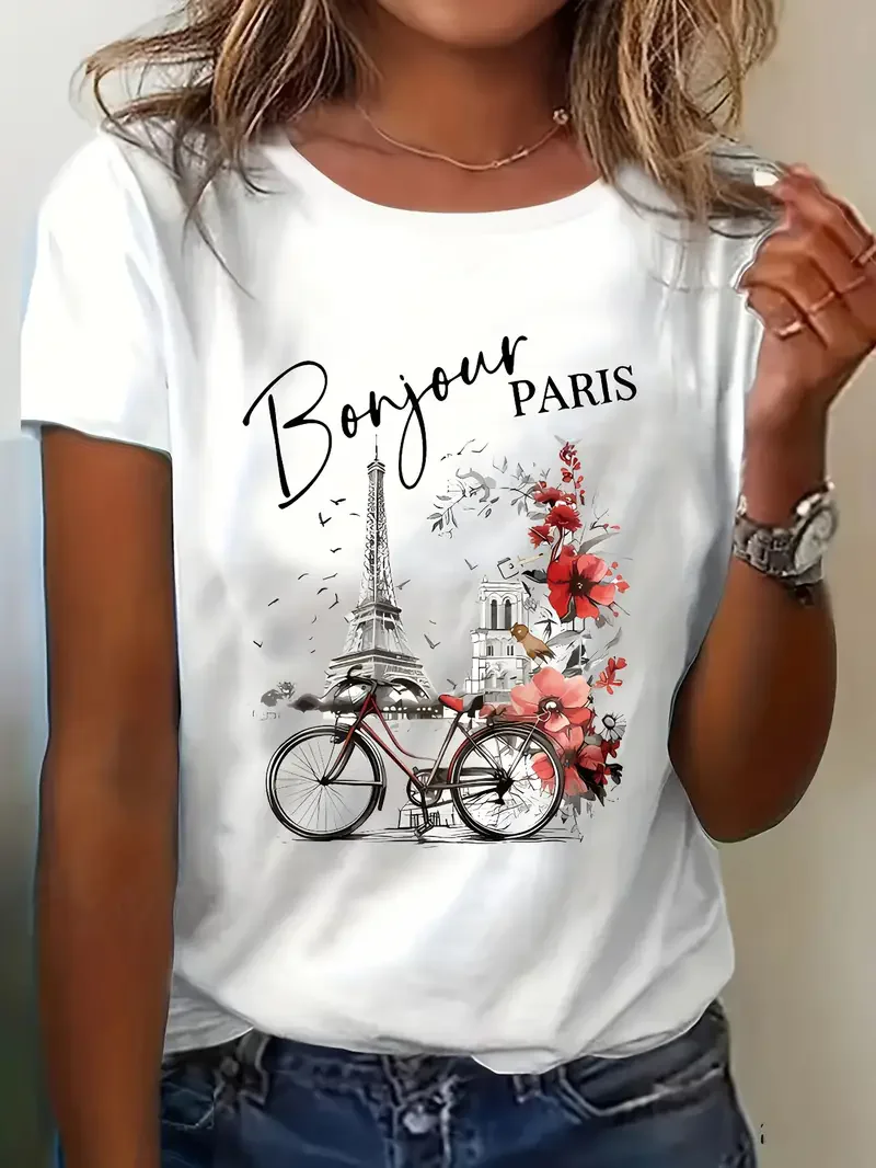 Casual Short Sleeve Printed Bonjour Paris T-Shirt Fashion Wear