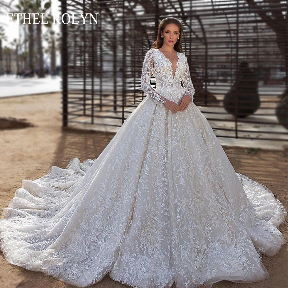 ETHEL ROLYN Luxury Wedding Dress For Women Beaded Appliques Long Sleeve Lace Princess V-Neck Bridal Gown Vestidos De Novia