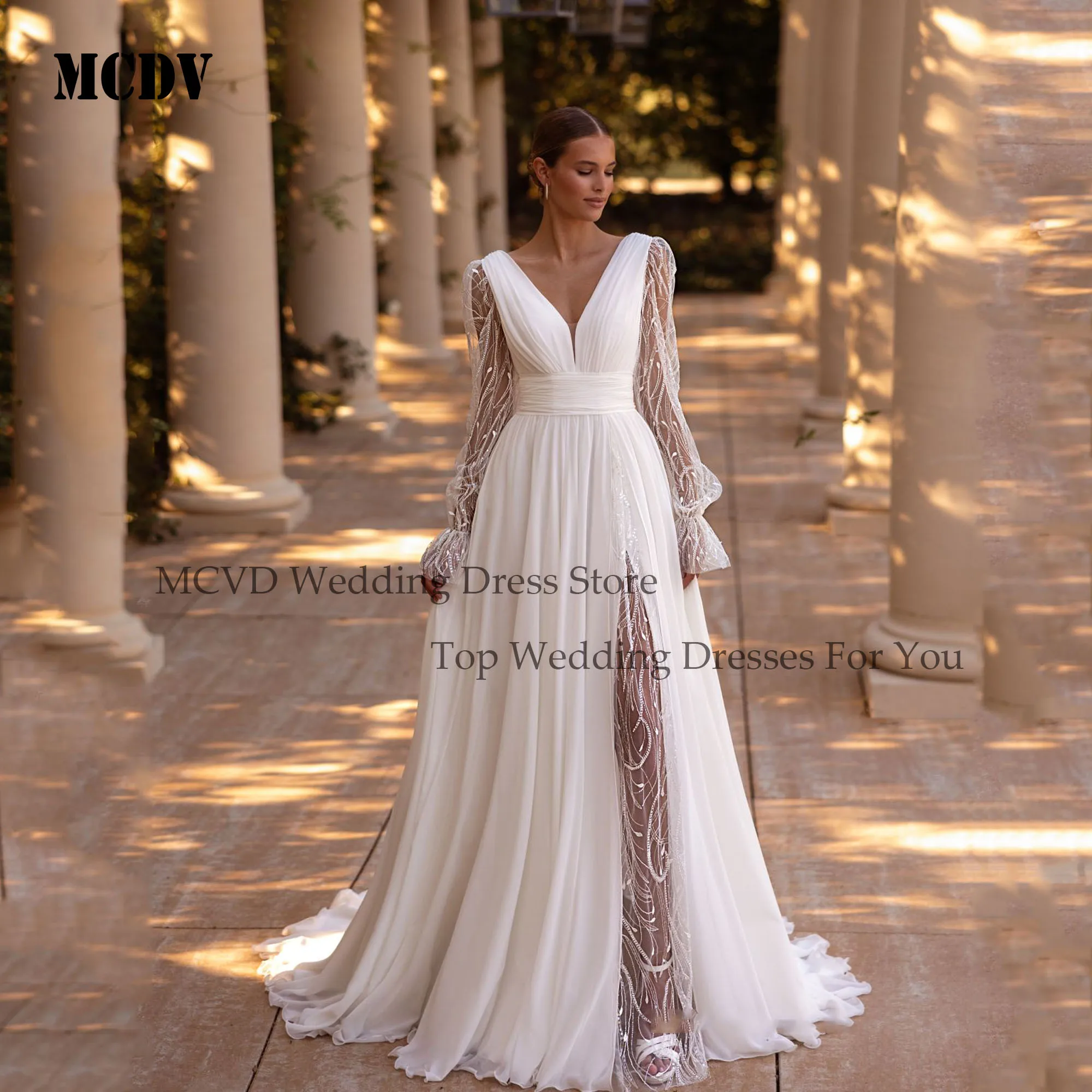 Chiffon V-Neck Split Wedding Dress Puff Sleeve Lace A-line vestidos de novia Customised Simple Backless Bride Gowns Women